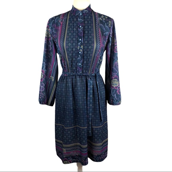 Vintage Dresses & Skirts - Mavinette Vintage Printed Button Pintuck Dress